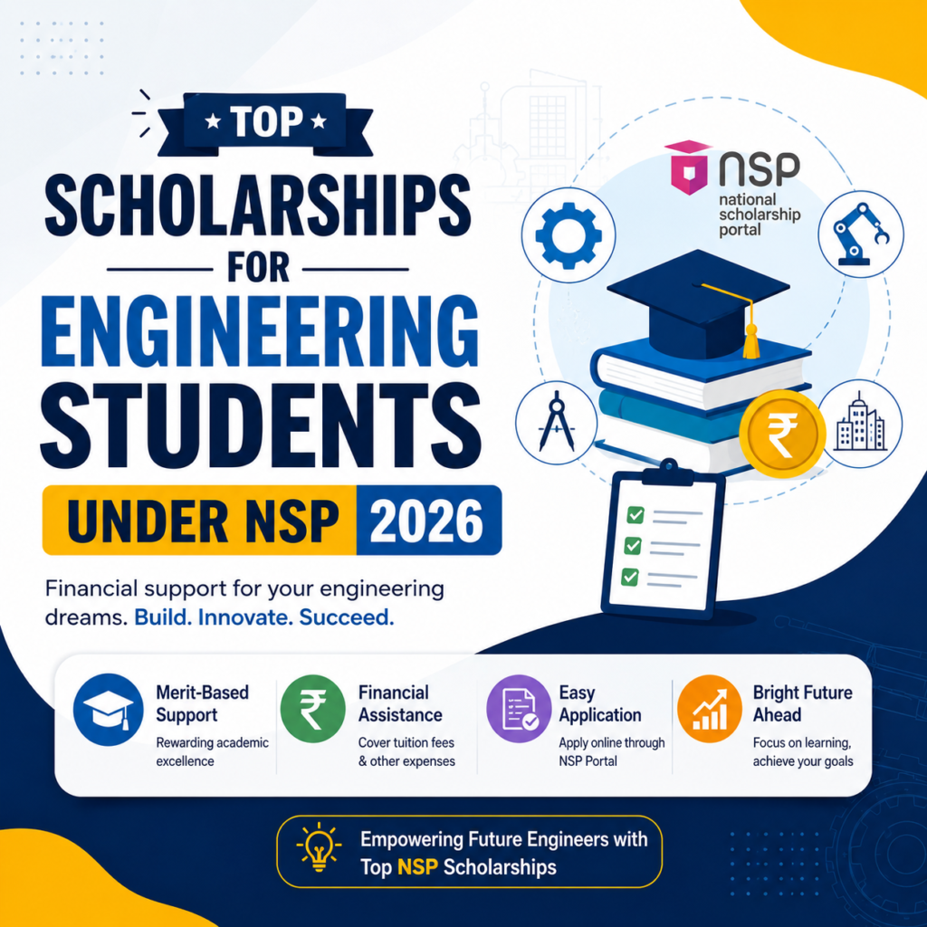 Top scholarships for engineering students under NSP 2026 illustrated with graduation cap, engineering icons, scholarship benefits, and National Scholarship Portal branding.