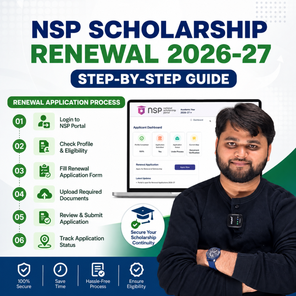 NSP Scholarship Renewal 2026-27 step-by-step guide with National Scholarship Portal renewal application process dashboard