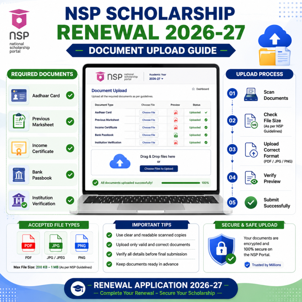 Supporting Image Placement Suggested Image: NSP Document Upload Section Alt Text: Uploading documents for NSP Scholarship Renewal 2026-27