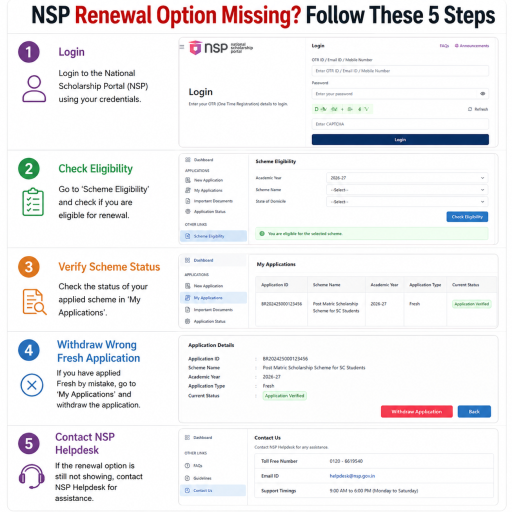 NSP Scholarship 2026-27 renewal option missing infographic showing five steps to troubleshoot and restore the renewal application option.