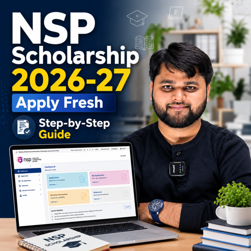 National Scholarship Portal (NSP) Scholarship 2026-27 fresh application step-by-step guide with student using laptop and NSP dashboard visible.