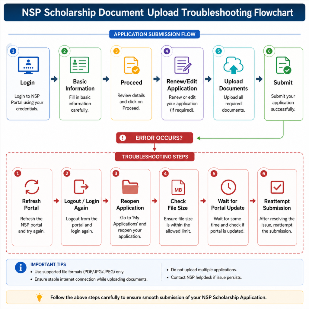 NSP Scholarship Document Upload Troubleshooting Flowchart showing application submission steps and error resolution process including refresh portal, login again, check file size, and reattempt submission.