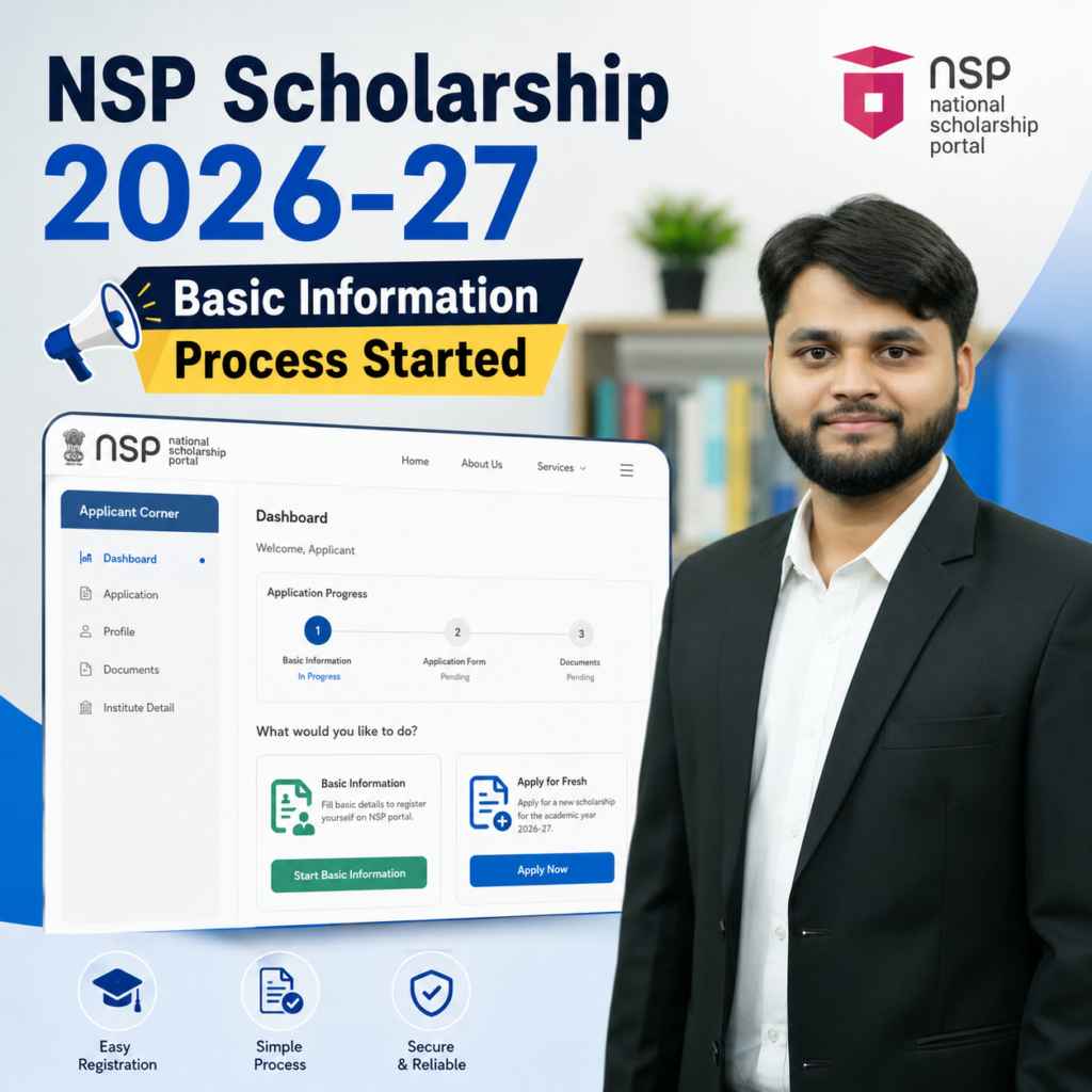 NSP Scholarship 2026-27 Basic Information Process Started graphic showing National Scholarship Portal dashboard with Basic Information and Apply for Fresh options alongside a professional student representative.