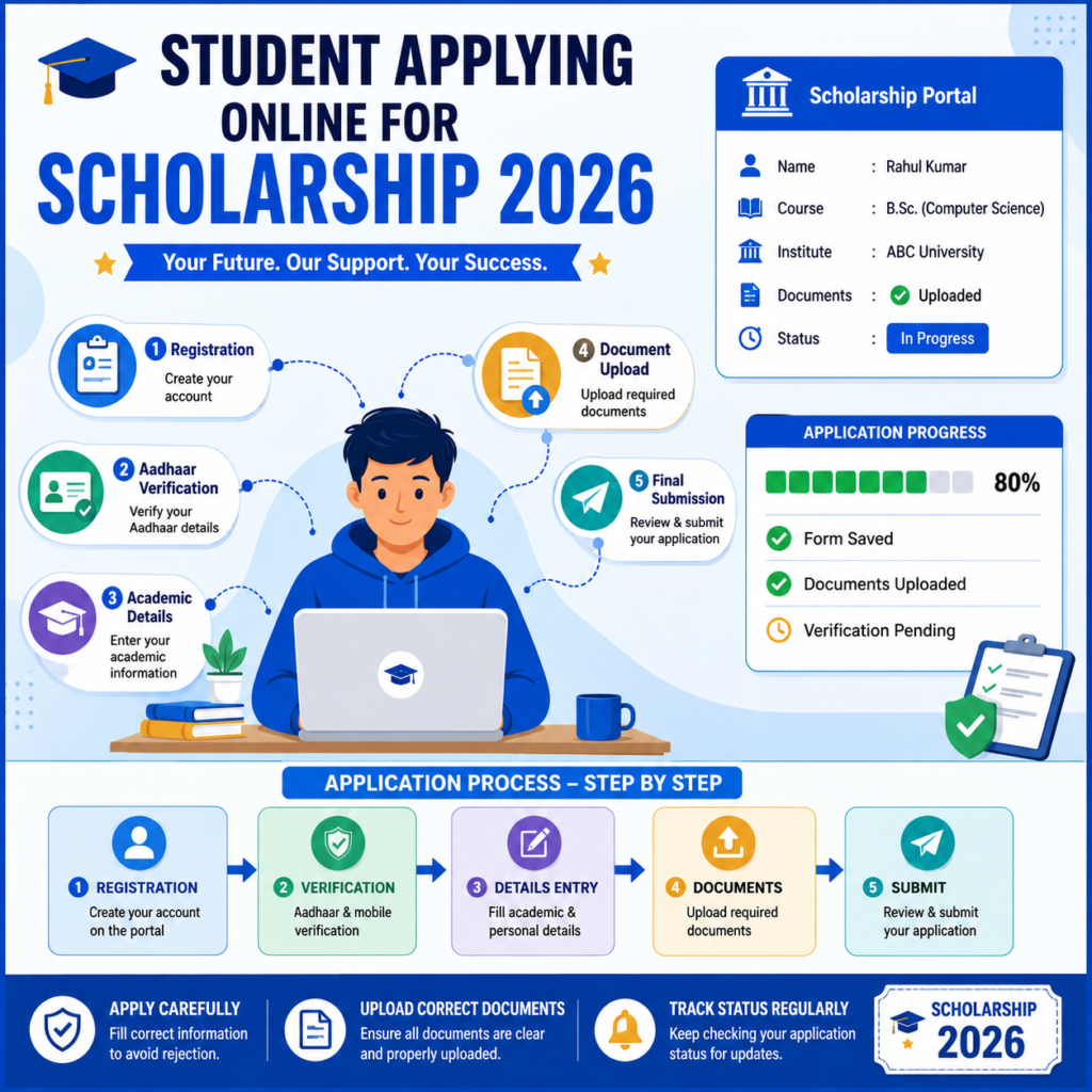Student using a laptop to complete an online scholarship application for 2026 with registration, document upload, verification, and submission steps displayed.