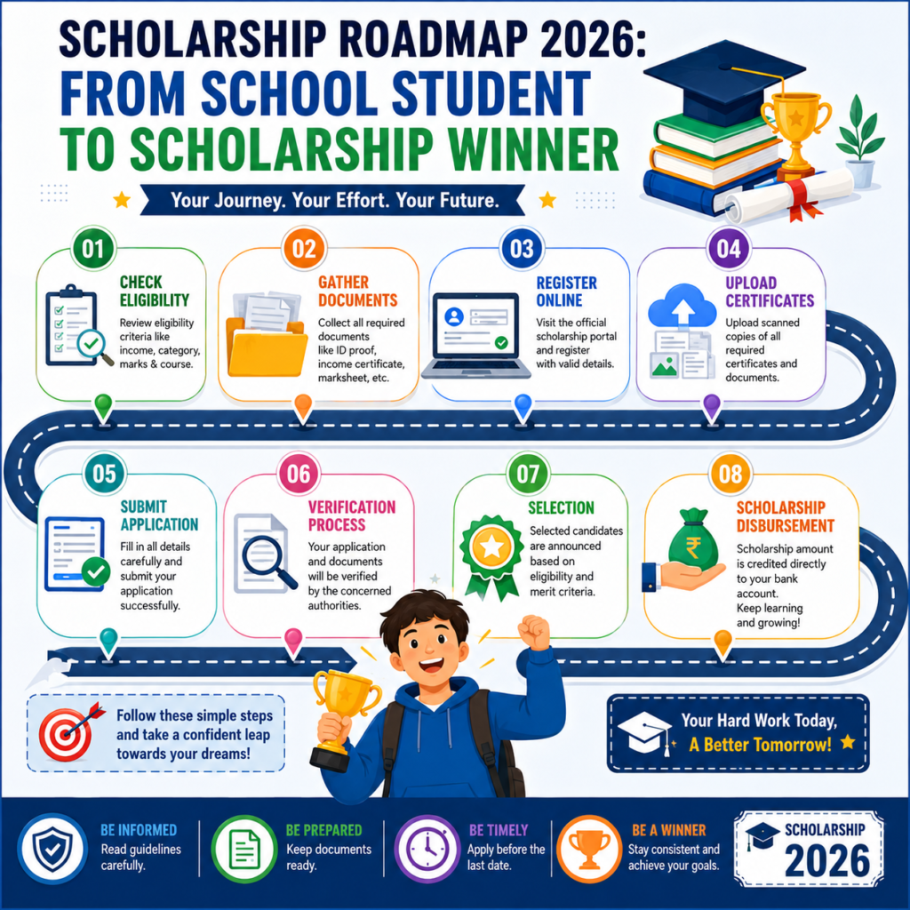 Scholarship Roadmap 2026 infographic showing eligibility check, document collection, online registration, certificate upload, application submission, verification, selection, and scholarship disbursement.