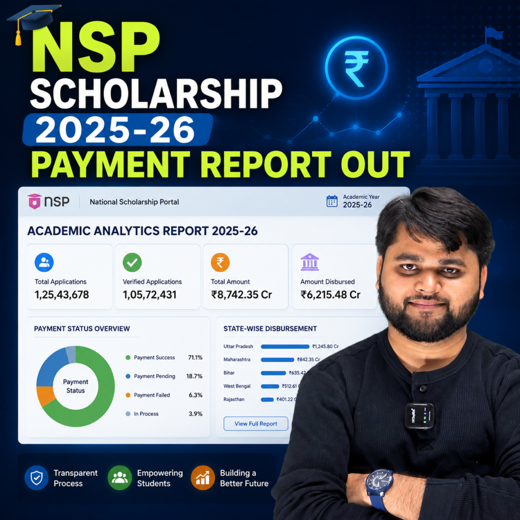 NSP Scholarship 2025-26 payment report dashboard showing academic analytics, scholarship distribution statistics, and payment status overview with presenter image.