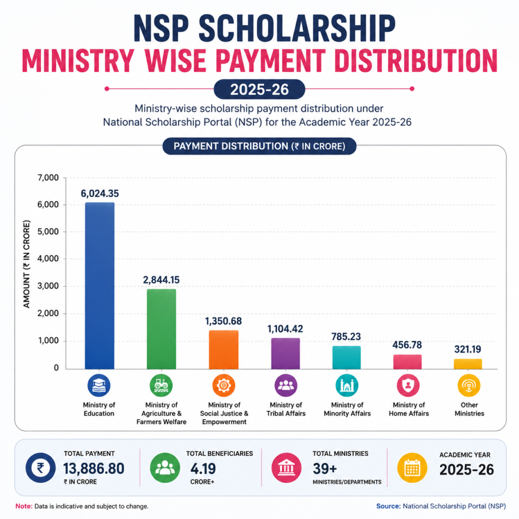 NSP Scholarship ministry-wise payment distribution report 2025–26 infographic showing scholarship fund allocation across different ministries with comparative bar chart and payment summary statistics.