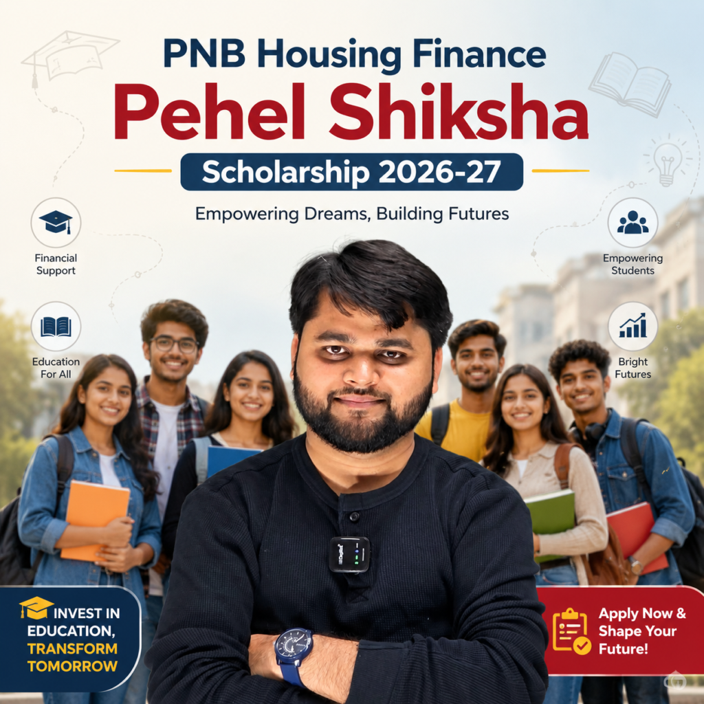 PNB Housing Finance Pehel Shiksha Scholarship 2026-27 application guide graphic featuring students and scholarship awareness design
