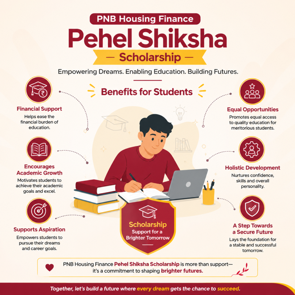Benefits of PNB Housing Finance Pehel Shiksha Scholarship showing financial support, academic growth, equal opportunities, holistic development, and career aspirations for students.