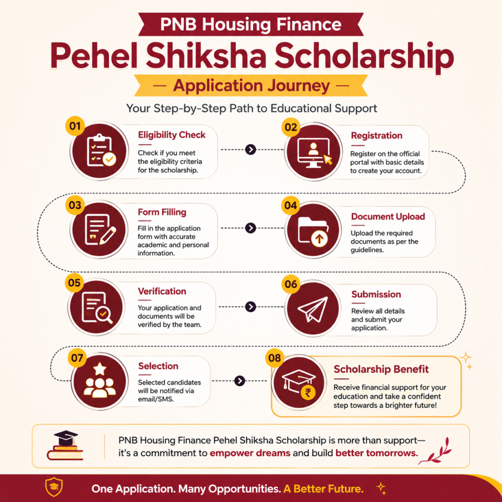 PNB Housing Finance Pehel Shiksha Scholarship application journey infographic showing eligibility check, registration, form filling, document upload, verification, submission, selection, and scholarship benefit.