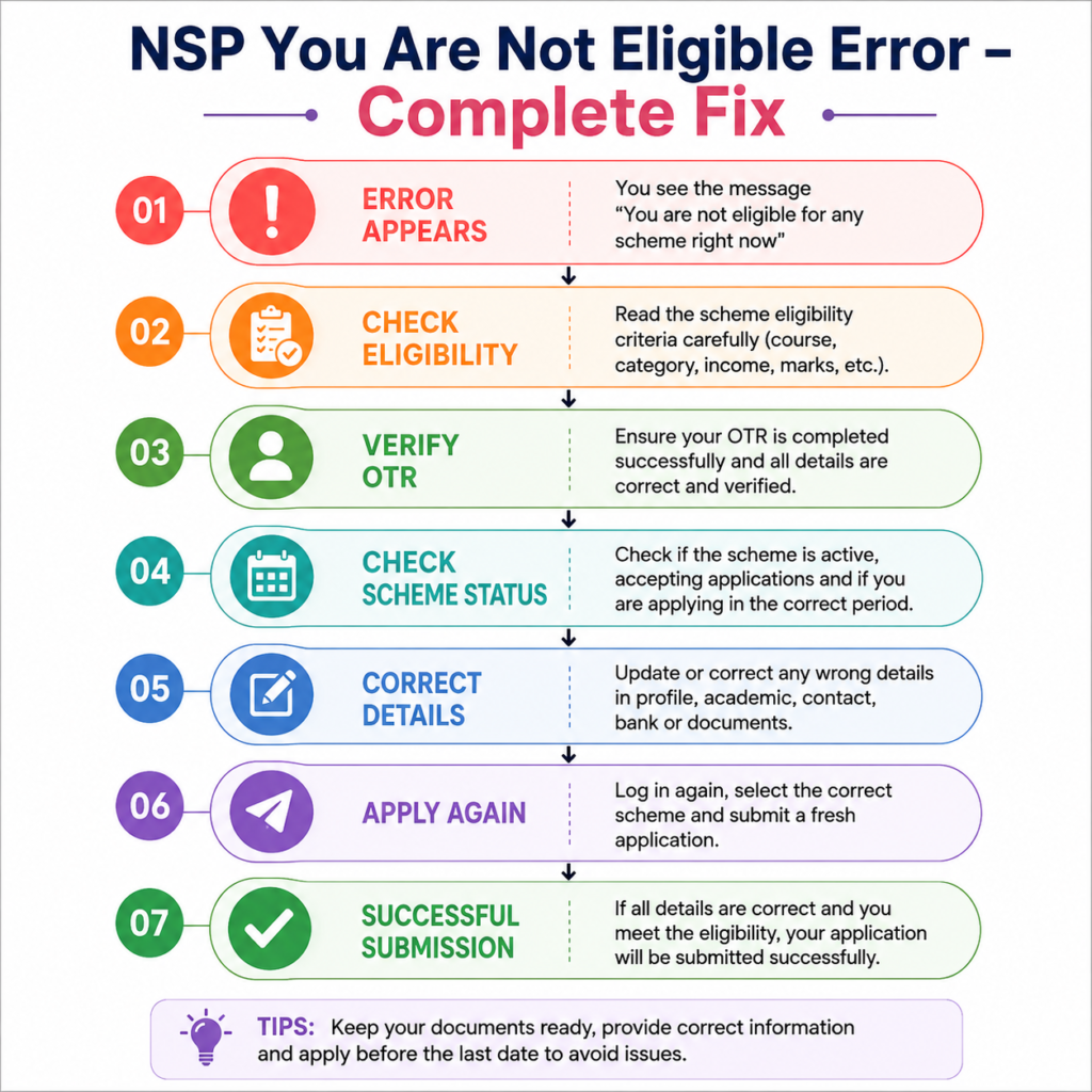 Infographic illustrating the complete step-by-step solution for the NSP “You Are Not Eligible for Any Scheme” error, from eligibility verification to successful scholarship application submission.