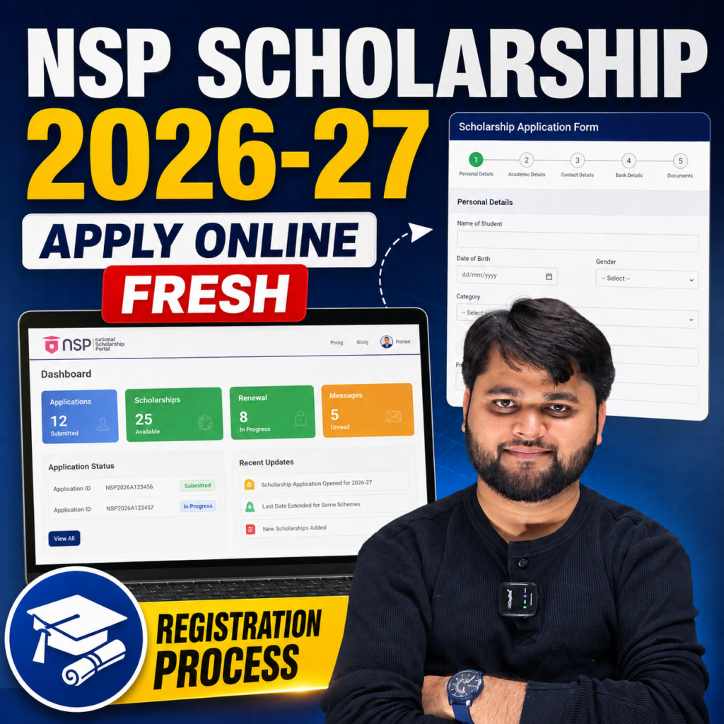 NSP Scholarship 2026-27 Apply Online Fresh Registration Process dashboard graphic with scholarship application form and student guide thumbnail.