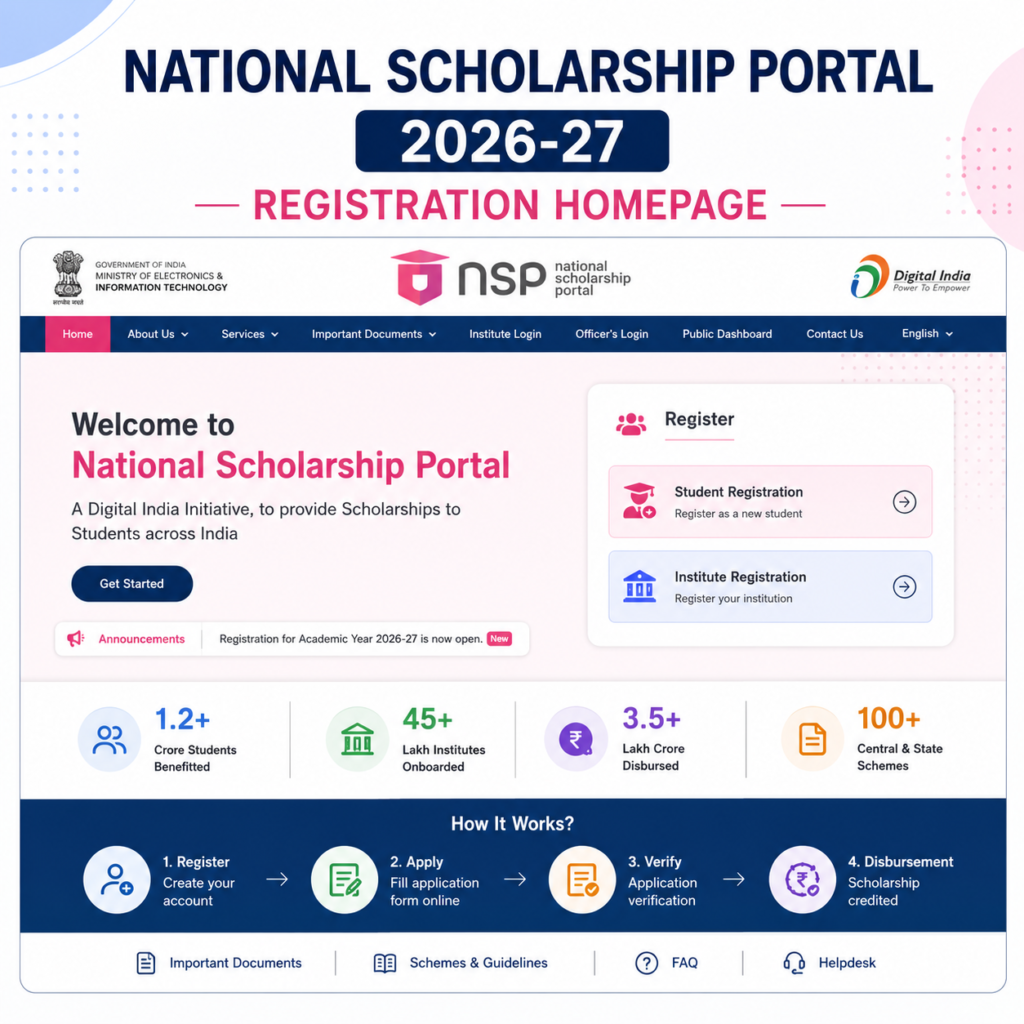 Custom infographic-style illustration of the National Scholarship Portal (NSP) 2026-27 registration homepage showing student registration options, scholarship services, application workflow, and key portal statistics.