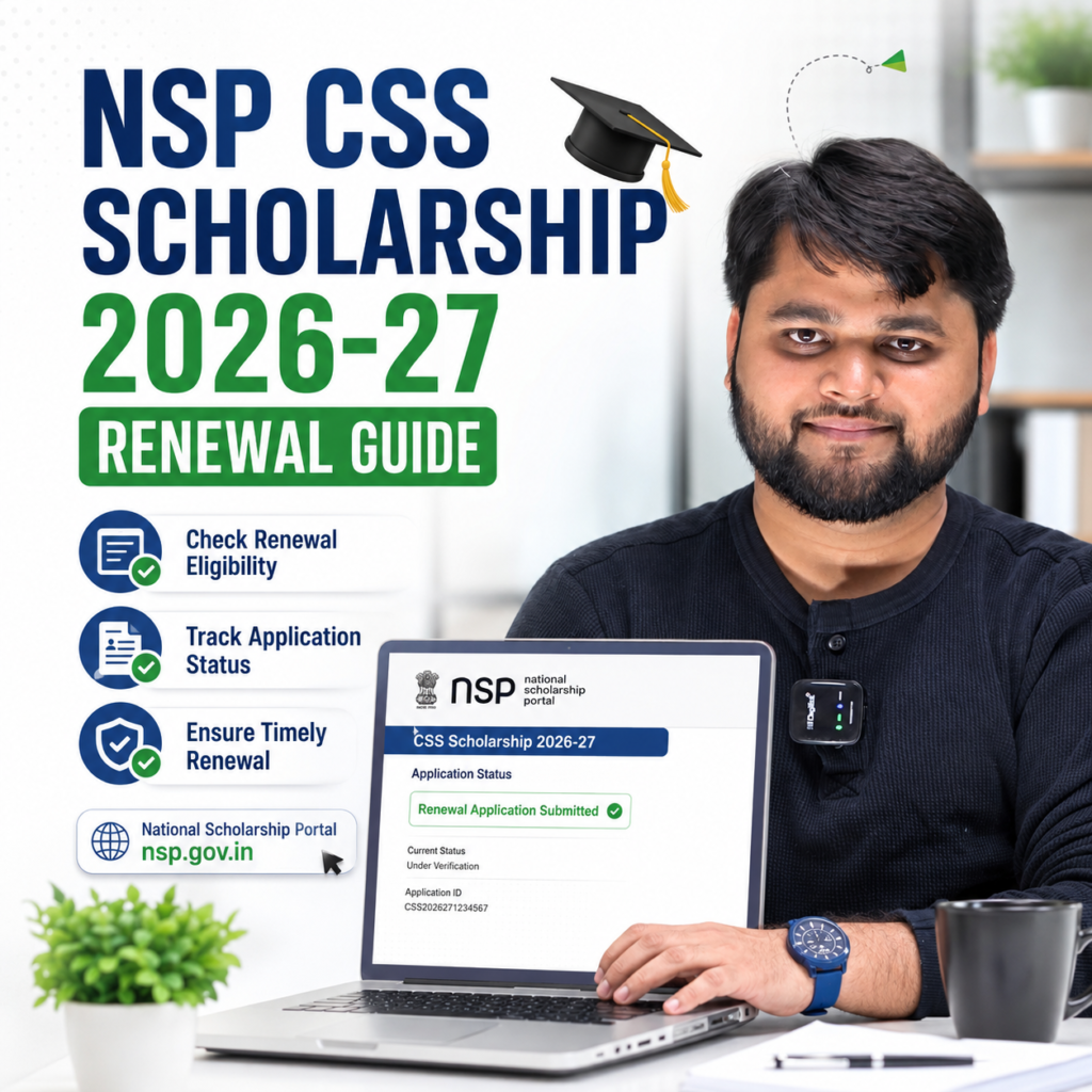 Student checking NSP CSS Scholarship 2026-27 renewal application status on National Scholarship Portal using a laptop.