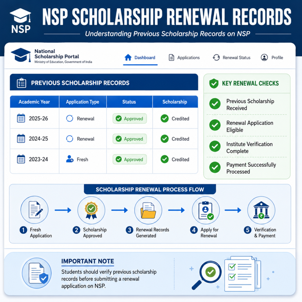NSP Scholarship Renewal Records infographic showing a dashboard-style layout with previous scholarship records, renewal eligibility checks, approved scholarship statuses, and a step-by-step renewal application process flow.