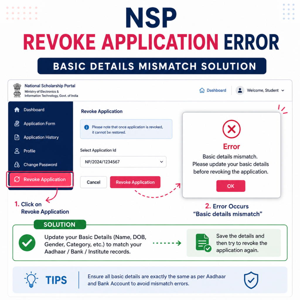 NSP revoke application error infographic showing basic details mismatch issue, error popup message, revoke application process, and steps to update details before resubmitting the application.