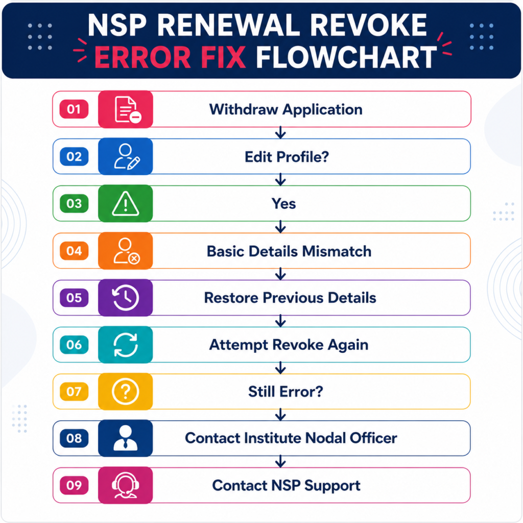 NSP Renewal Revoke Error Fix Flowchart infographic showing the step-by-step process to resolve basic details mismatch errors, restore profile information, retry revocation, and contact support if the issue persists.