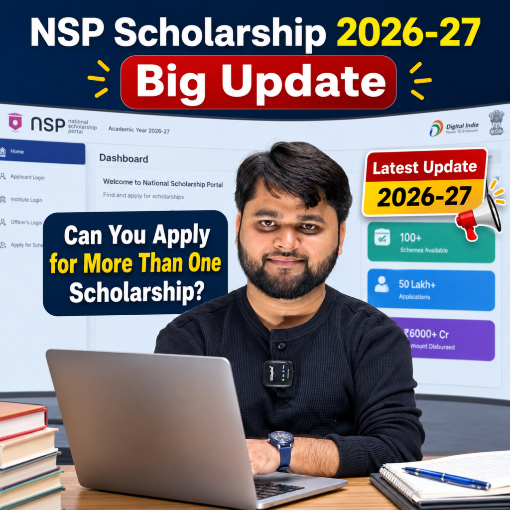 Image Idea
A student using a laptop to fill out the NSP Scholarship application form, with the National Scholarship Portal dashboard displayed in the background and a "Latest Update 2026-27" banner.
Text on Image
NSP Scholarship 2026-27 Big Update
Can You Apply for More Than One Scholarship?
Image Alt Text
NSP Scholarship 2026-27 Apply Big Update Today and Multiple Scholarship Application Guide