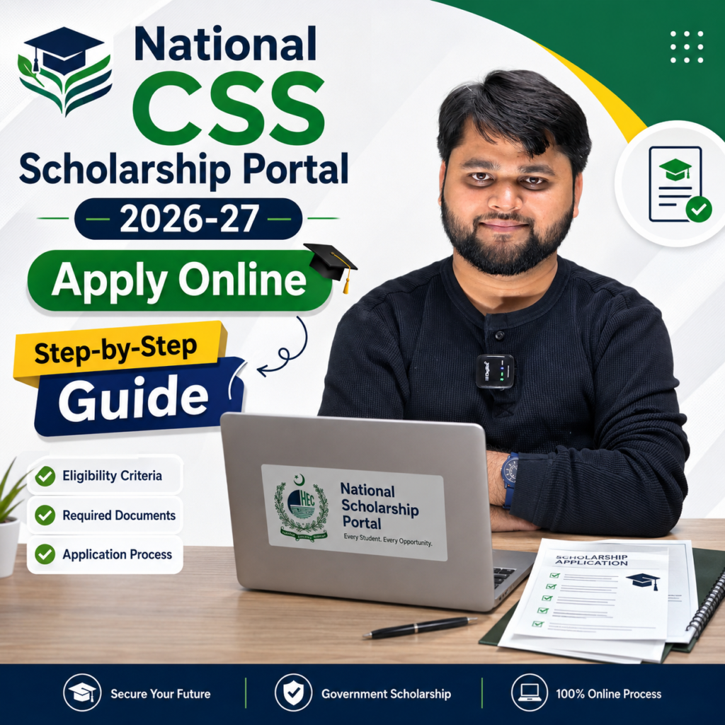National CSS Scholarship Portal 2026-27 Apply Online step-by-step guide graphic showing a student using a laptop with scholarship application documents on a desk.