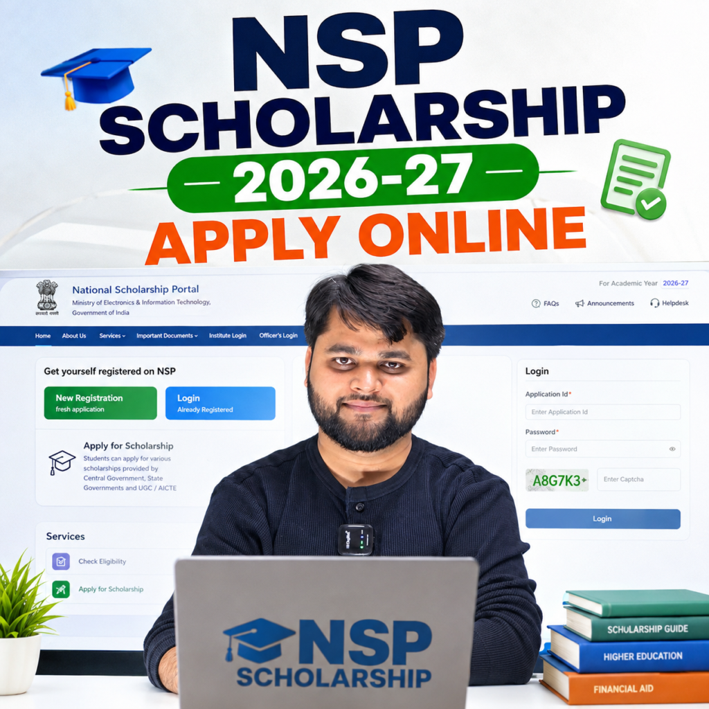 Student filling the NSP Scholarship 2026-27 online application form on a laptop with the National Scholarship Portal dashboard displayed in the background.