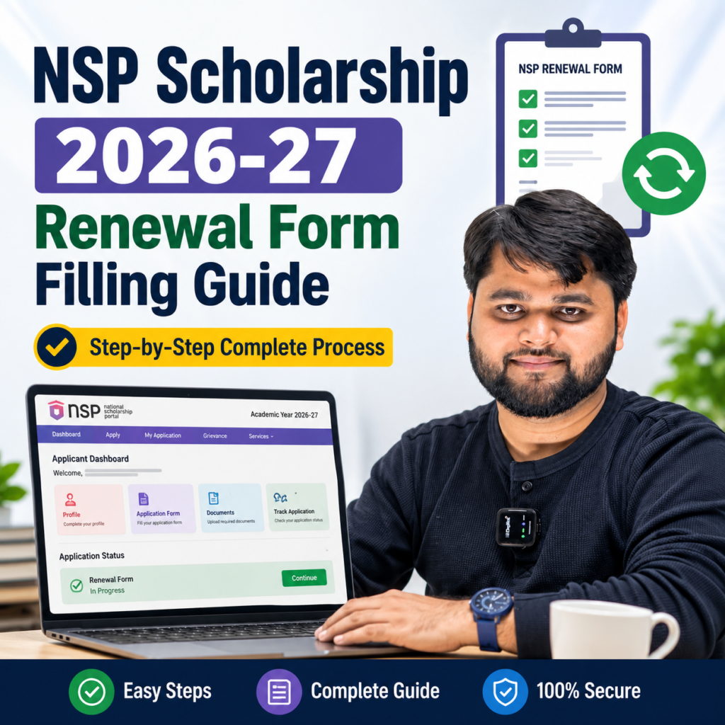 NSP Scholarship 2026-27 Renewal Form Filling Guide with student completing renewal application process on National Scholarship Portal dashboard