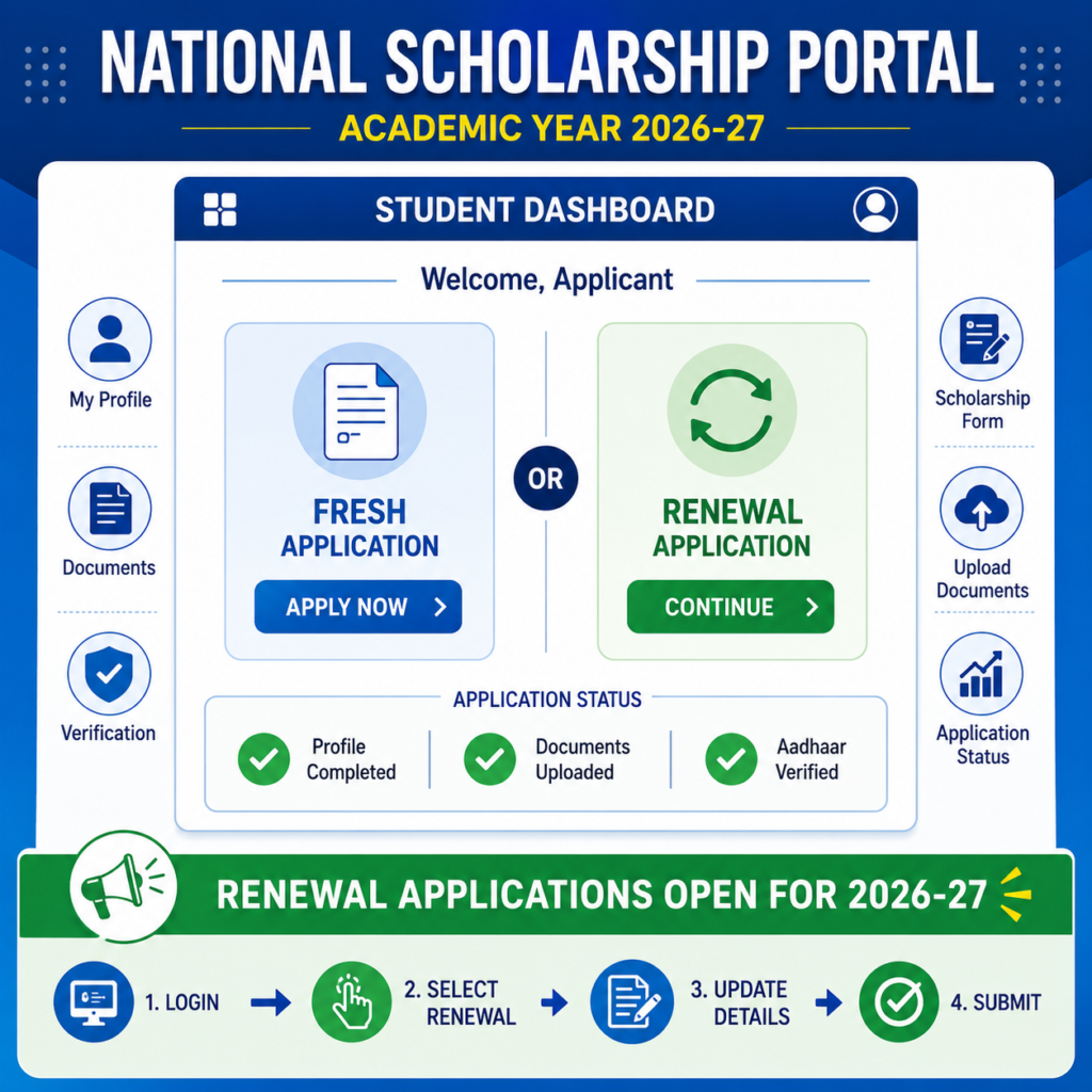 National Scholarship Portal 2026-27 renewal application dashboard mockup showing Fresh Application and Renewal Application options.