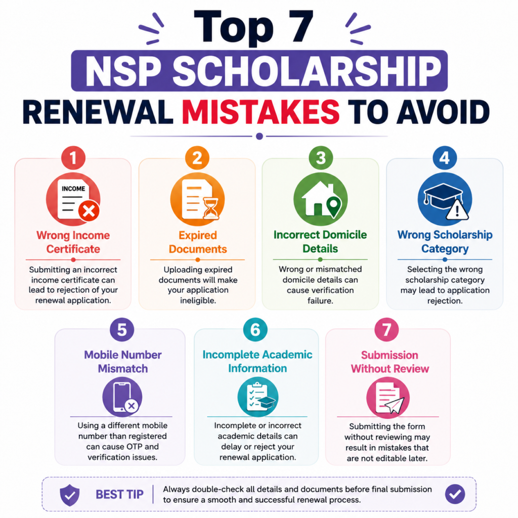 Top 7 NSP Scholarship Renewal Mistakes to Avoid infographic showing common application errors including wrong income certificate, expired documents, domicile issues, and incomplete academic details.