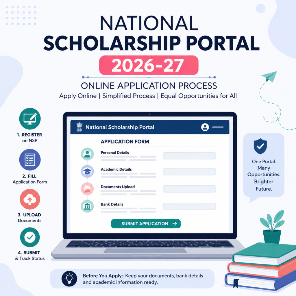 National Scholarship Portal 2026-27 online application process showing registration, application form filling, document upload, and final submission steps on a laptop dashboard.