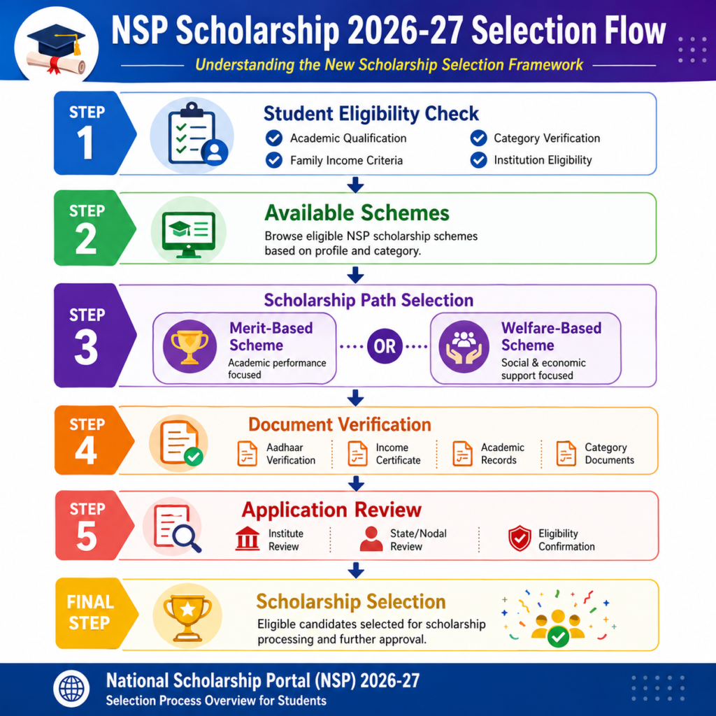 Infographic showing the NSP Scholarship 2026-27 selection flow from student eligibility check, available schemes, merit-based or welfare-based scheme selection, document verification, application review, and final scholarship selection.