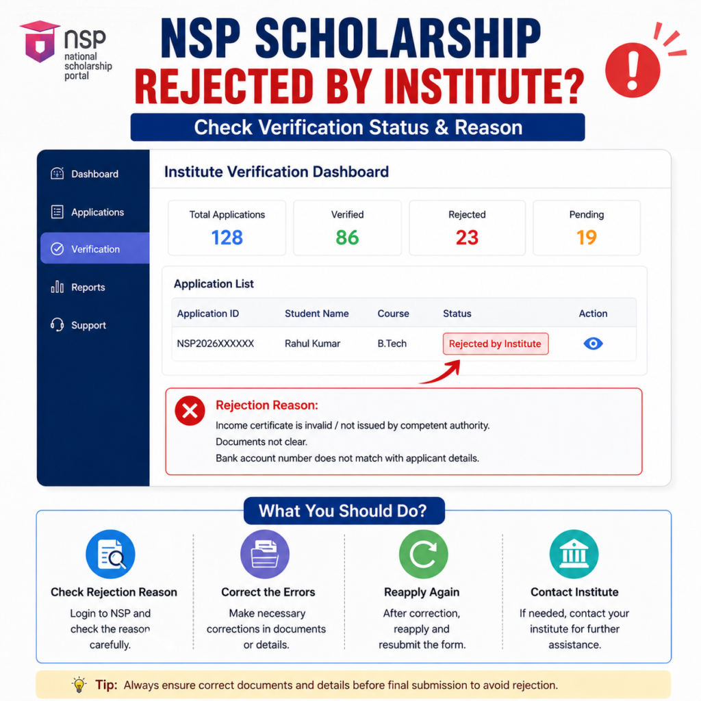 NSP scholarship rejected by institute reason verification process dashboard showing rejected application status and correction steps