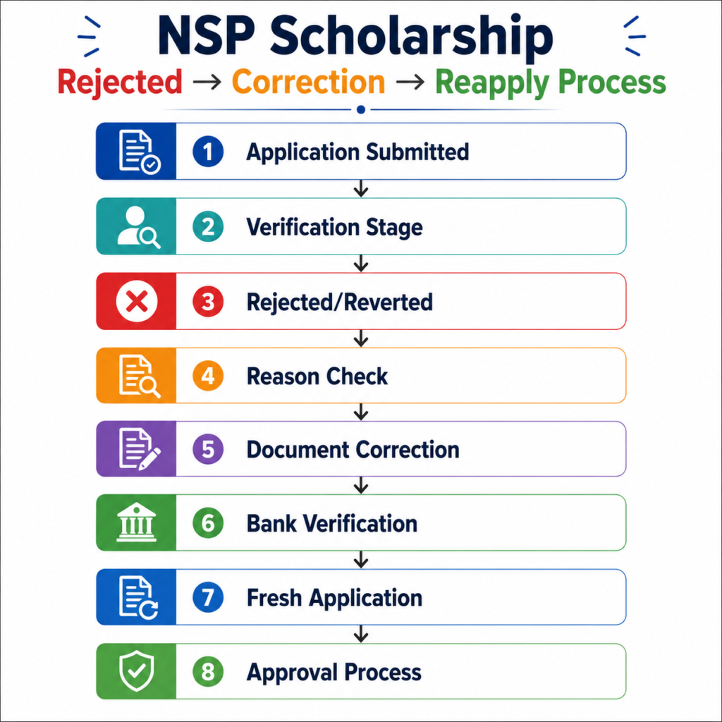 NSP Scholarship Rejected to Correction to Reapply Process infographic showing the complete workflow from application submission, verification, rejection, document correction, bank verification, fresh application, and final approval process.