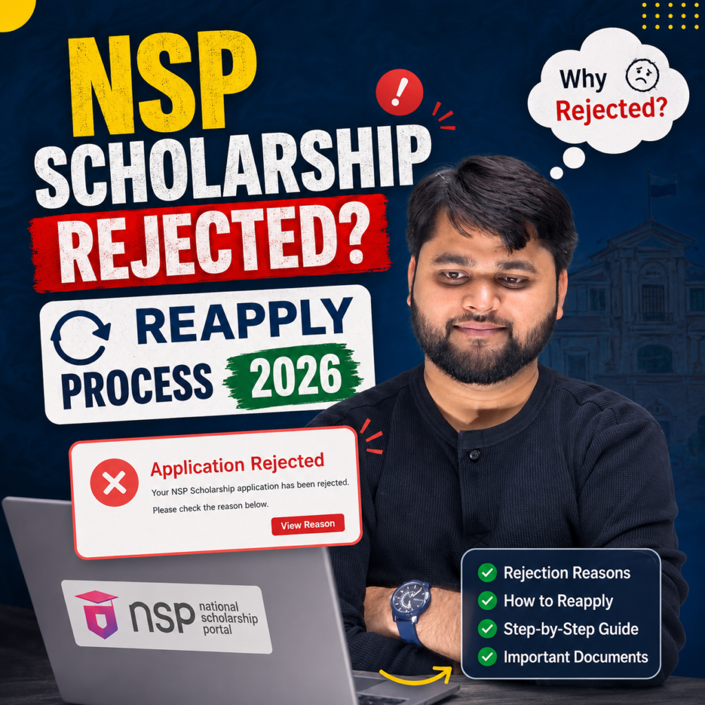NSP Scholarship rejected application reapply process 2026 guide with student and laptop showing rejection notification