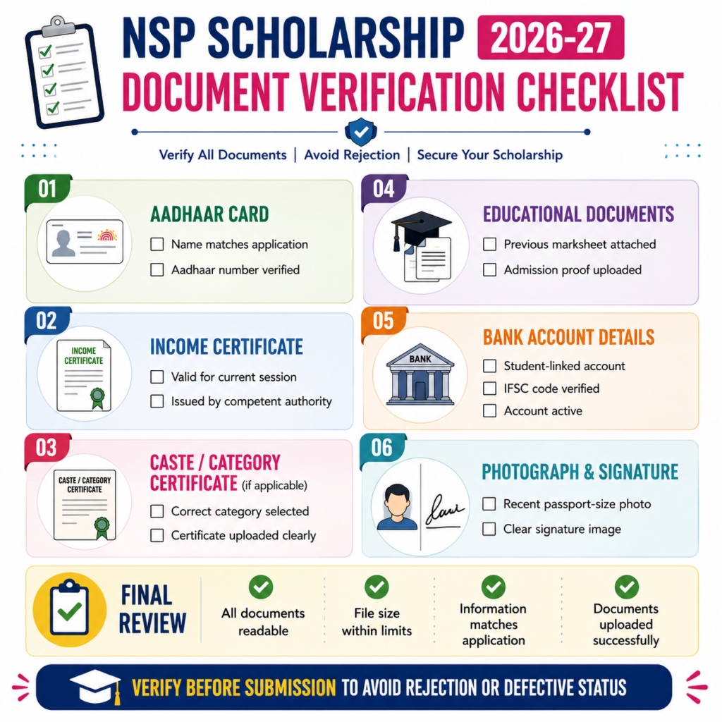 NSP scholarship document verification checklist showing Aadhaar card, income certificate, caste certificate, educational documents, bank account details, photograph, signature, and final review checks for 2026-27 applications.