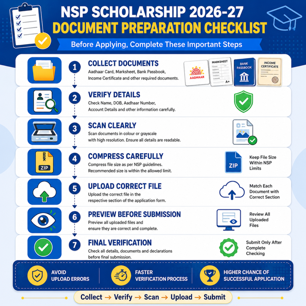 NSP Scholarship 2026-27 document preparation checklist infographic showing steps to collect, verify, scan, compress, upload, preview, and verify scholarship application documents.