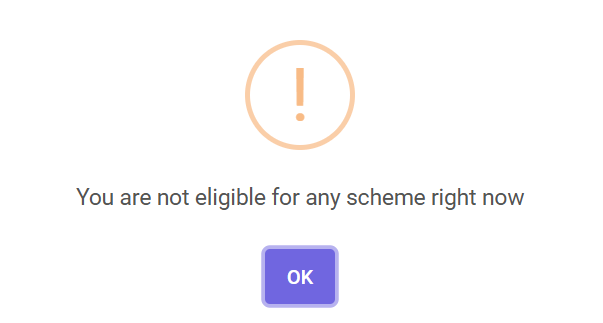 NSP Scholarship portal popup error message displaying “You are not eligible for any scheme right now” with a warning icon and an OK button.