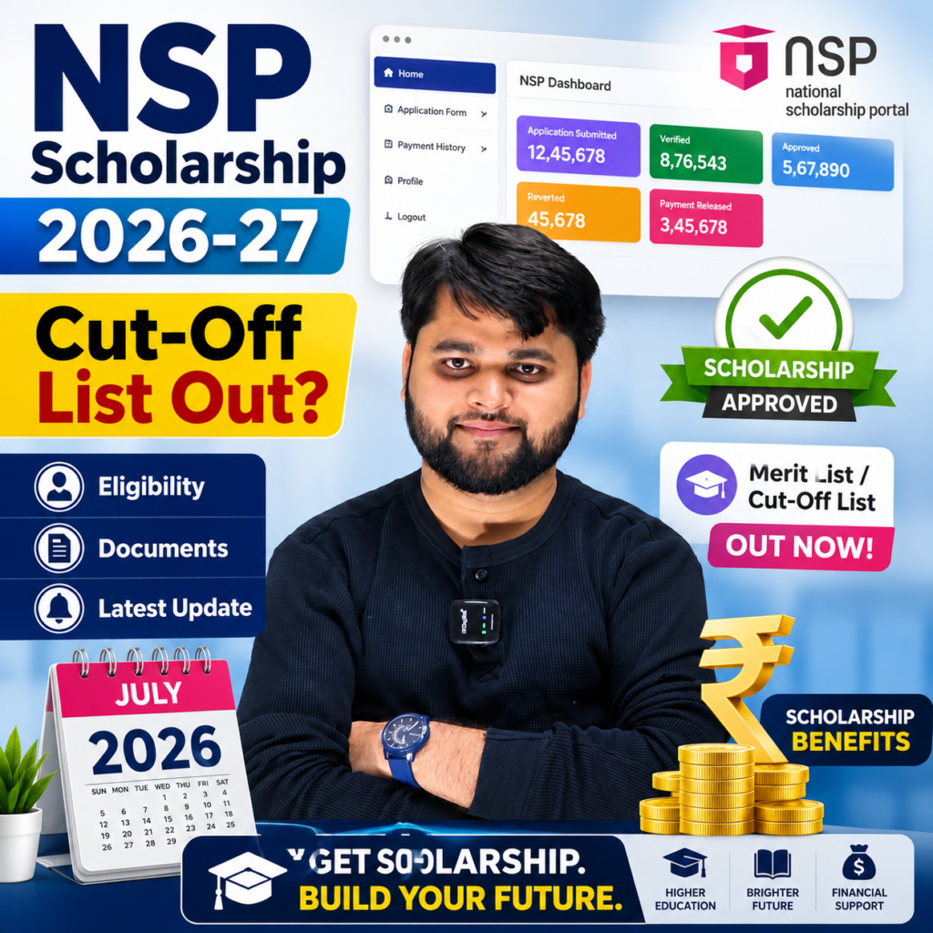 NSP Scholarship 2026-27 graphic featuring a student with NSP dashboard, scholarship approved badge, merit list update, eligibility details, and scholarship benefits icons.