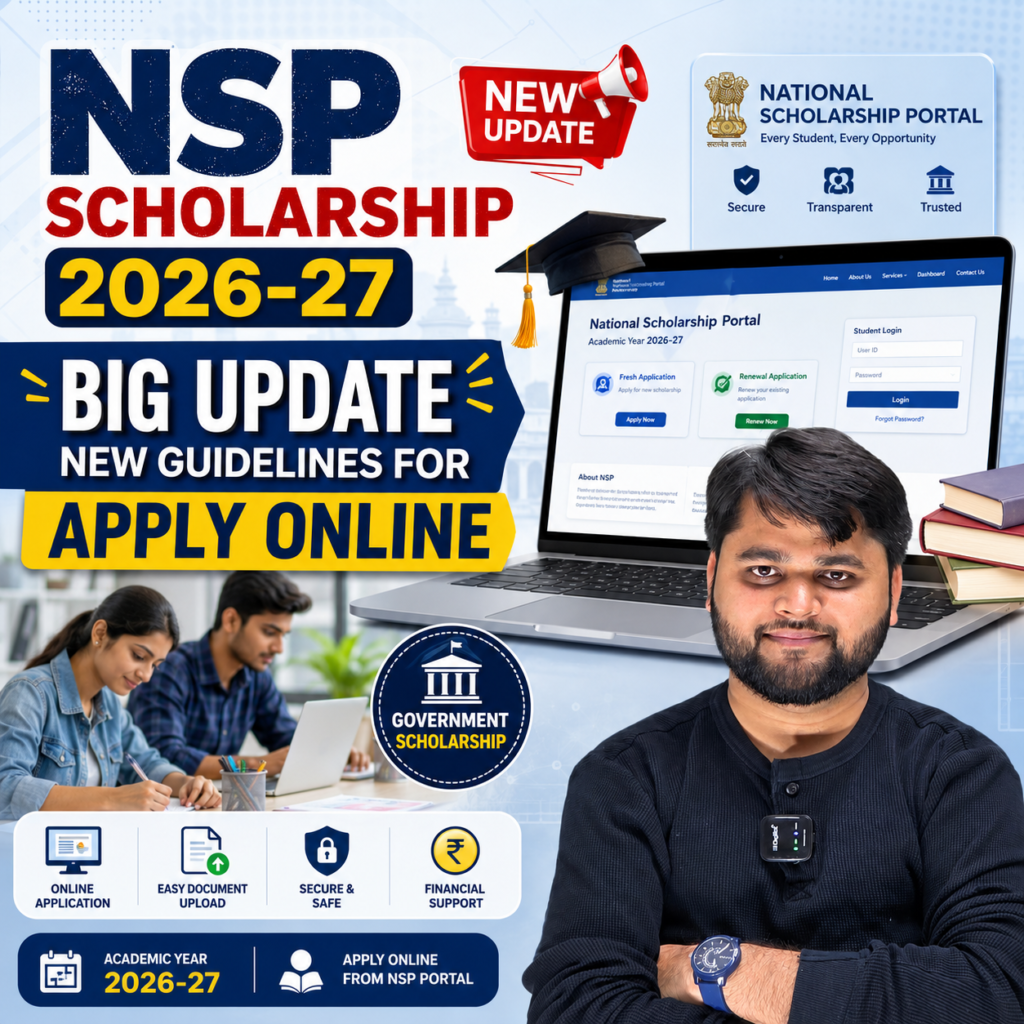 Square promotional graphic highlighting the NSP Scholarship 2026–27 big update with new apply online guidelines, featuring a presenter, National Scholarship Portal dashboard on a laptop, students filling scholarship forms, and a government scholarship icon.