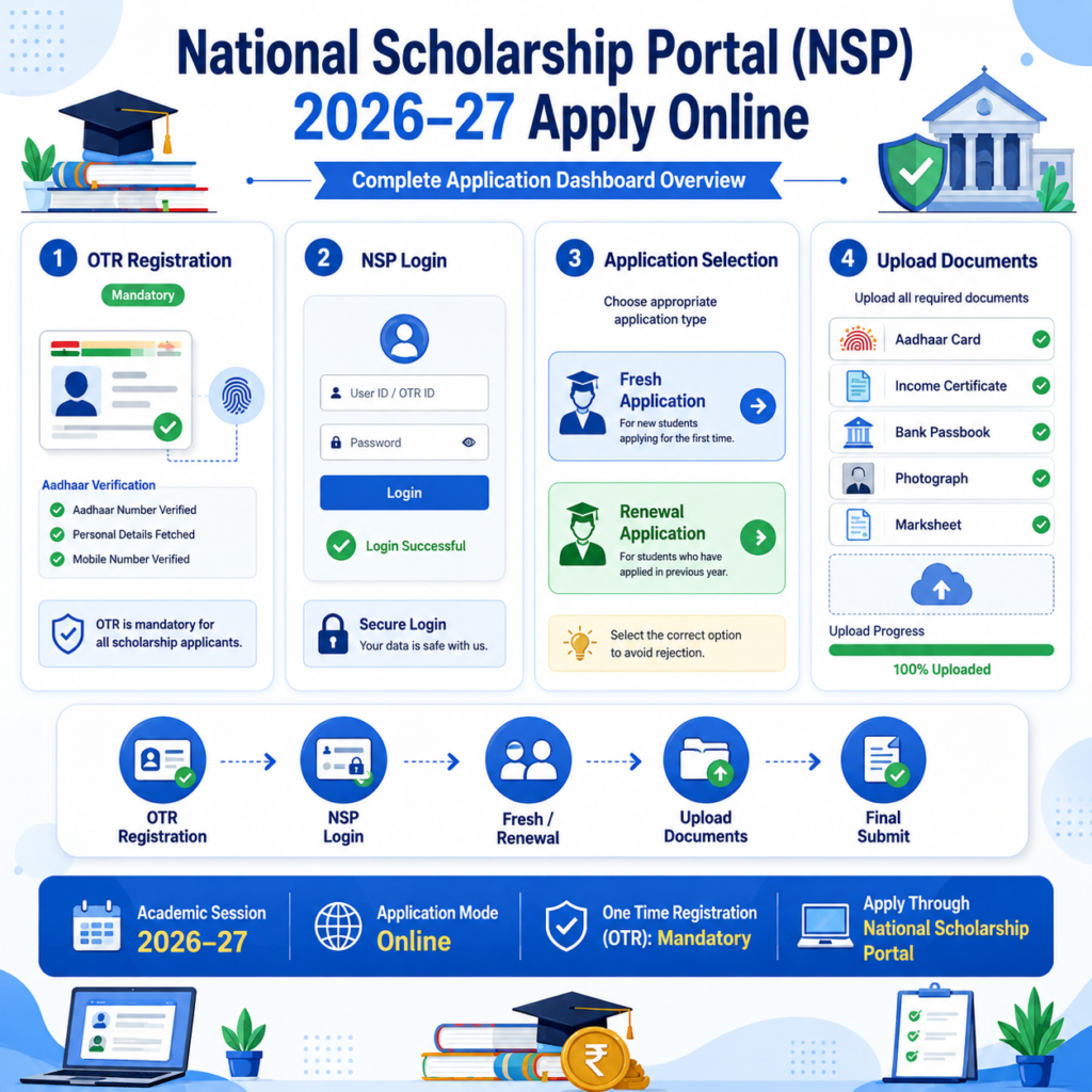 National Scholarship Portal (NSP) 2026–27 apply online dashboard infographic showing OTR registration, NSP login, Fresh and Renewal application options, document upload process, and final application submission workflow.