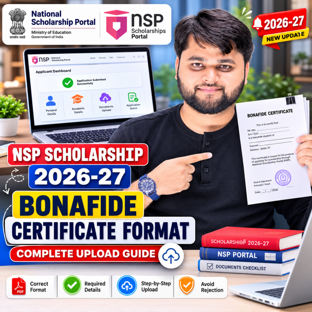 NSP Scholarship 2026-27 Bonafide Certificate Format complete upload guide with student holding a bonafide certificate and National Scholarship Portal dashboard in the background.