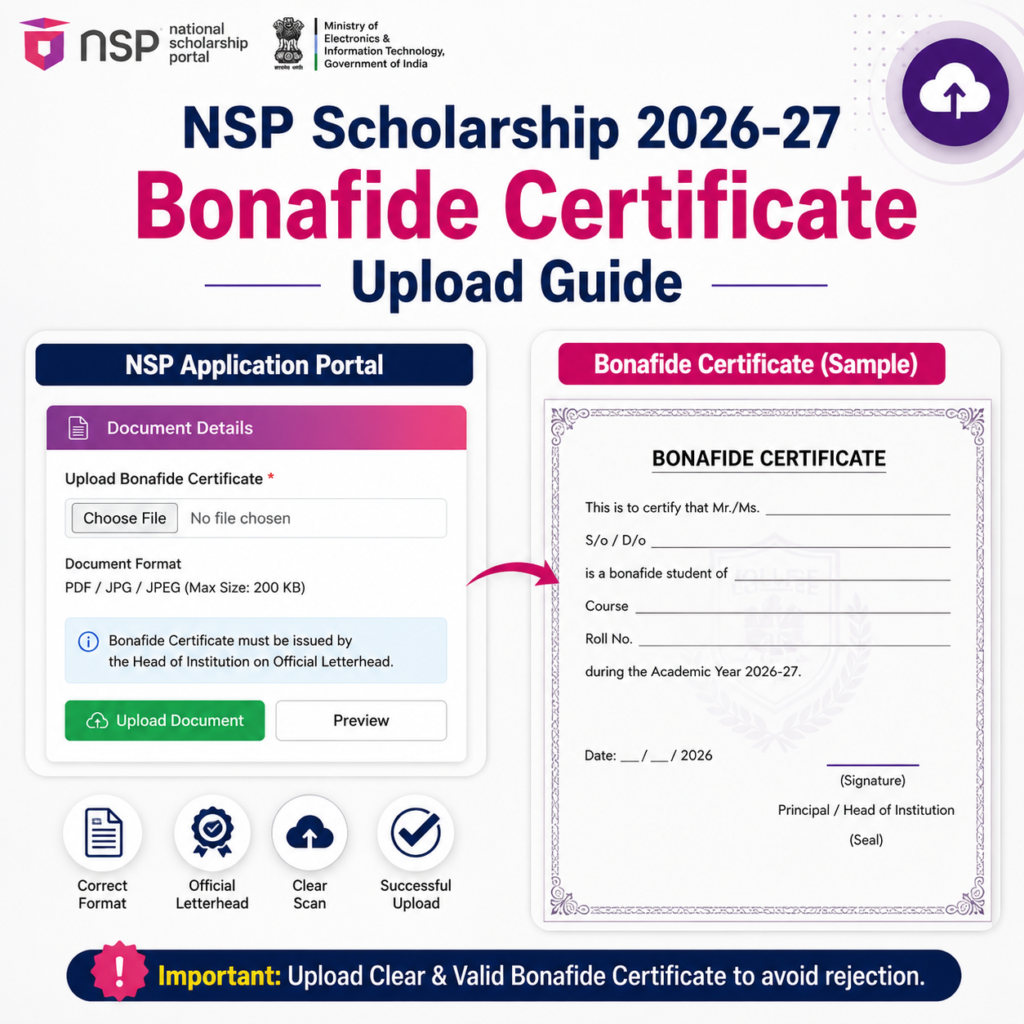 NSP Scholarship 2026-27 Bonafide Certificate upload section on the National Scholarship Portal application form with a sample Bonafide Certificate format.