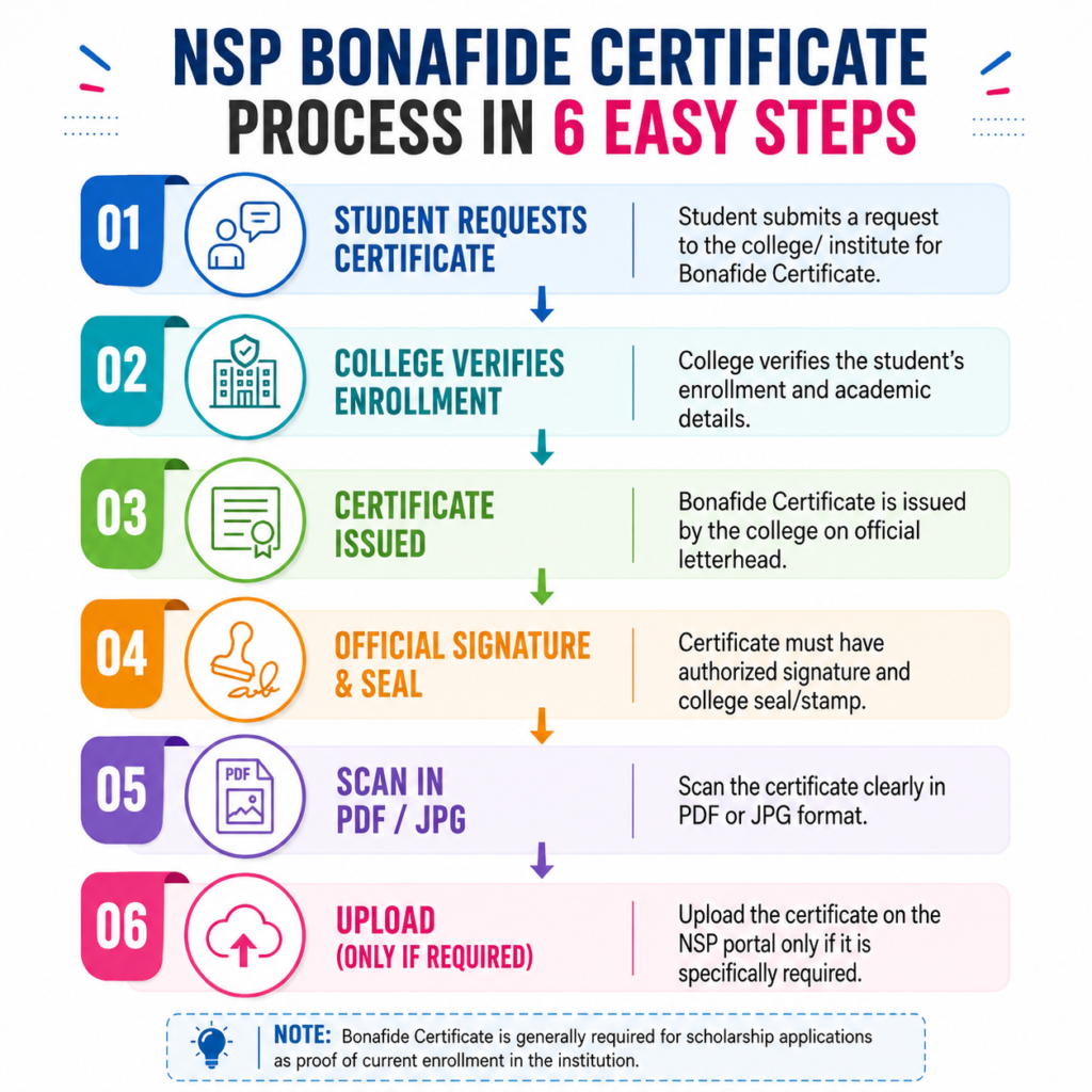 NSP Bonafide Certificate Process in 6 Easy Steps infographic showing how students request, obtain, sign, scan, and upload a bonafide certificate for the NSP Scholarship application.