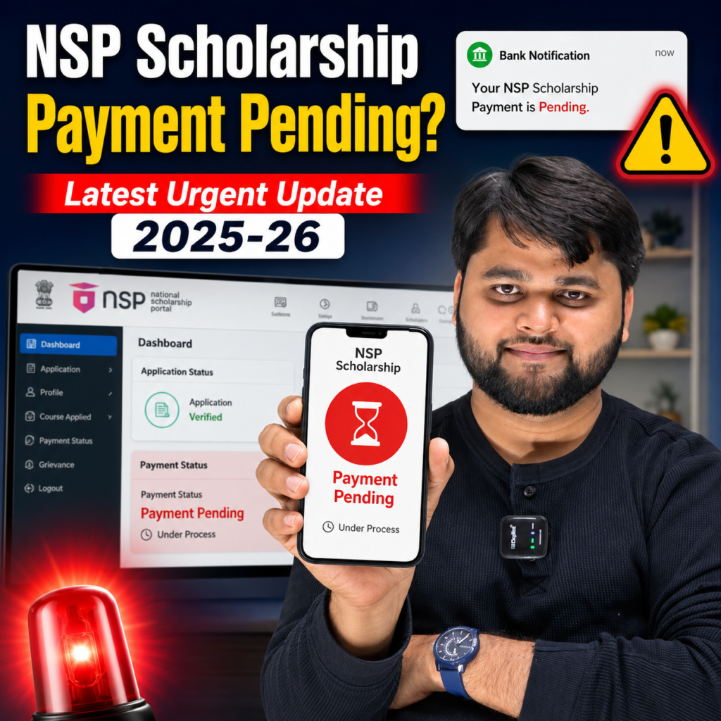 NSP Scholarship 2025-26 payment pending latest urgent update with payment status dashboard and bank notification displayed on a mobile phone.