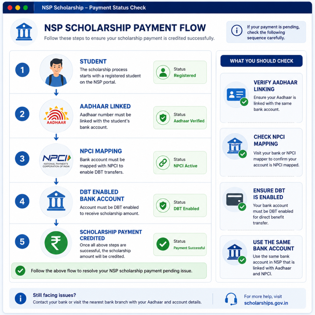 How to fix an NSP Scholarship payment pending issue by verifying Aadhaar linking, NPCI mapping, DBT-enabled bank account, and scholarship payment status.