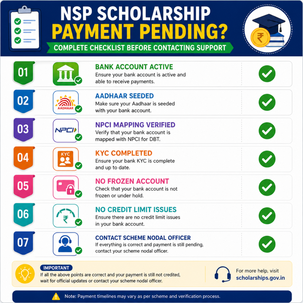 NSP Scholarship payment pending checklist showing bank account status, Aadhaar seeding, NPCI mapping, KYC verification, account checks, and support contact steps.