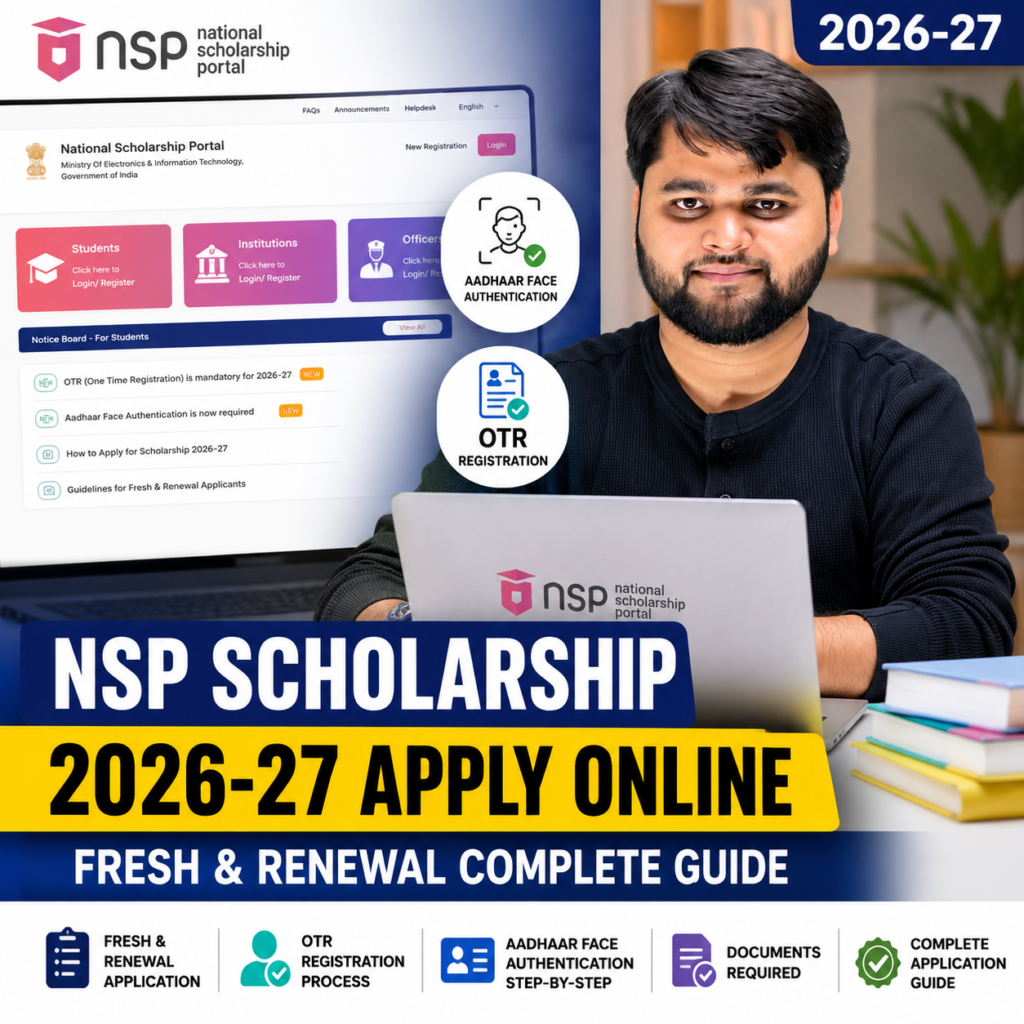 NSP Scholarship 2026-27 Apply Online Fresh and Renewal Complete Guide with OTR Registration and Aadhaar Face Authentication process.