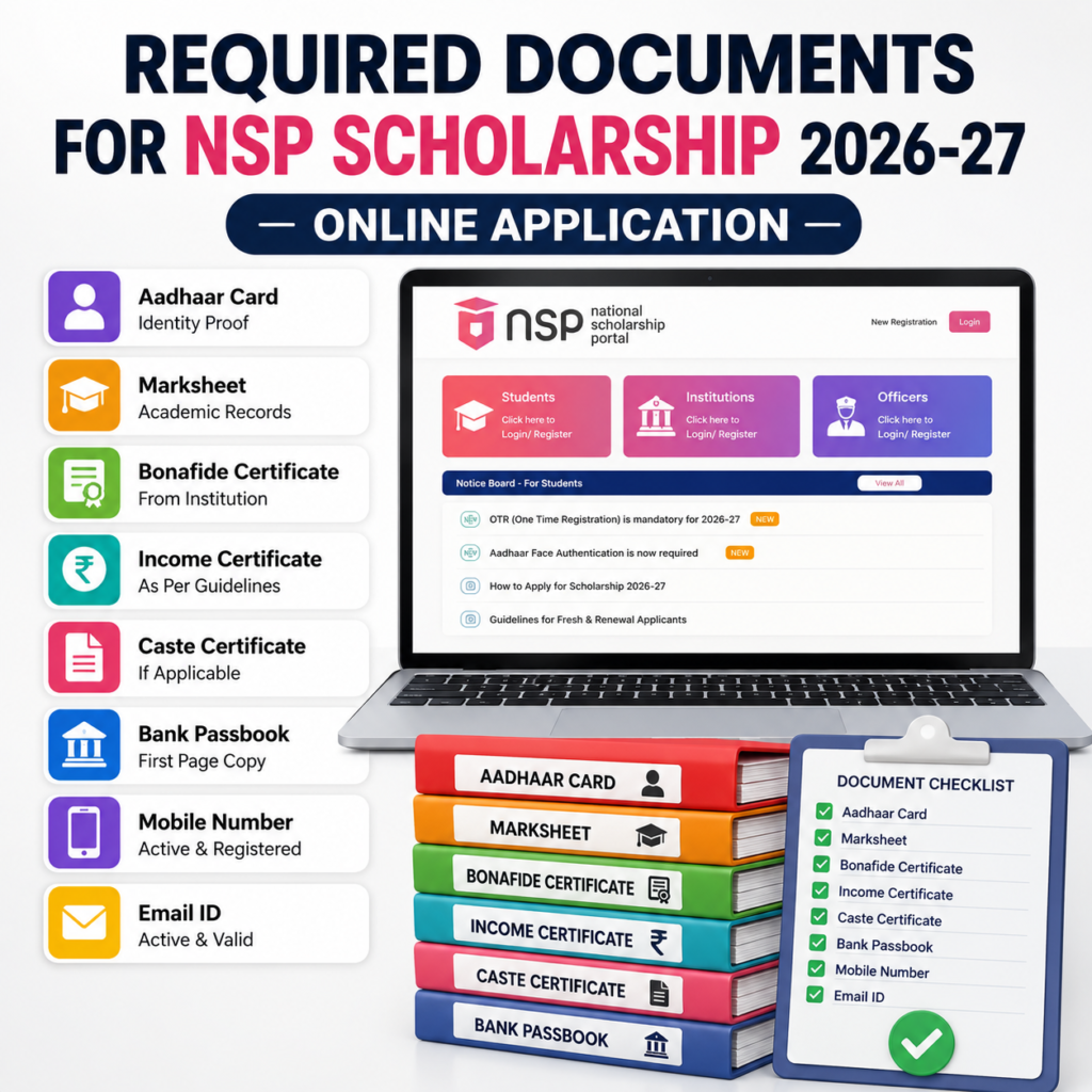 Required documents for NSP Scholarship 2026-27 online application, including Aadhaar Card, marksheet, bonafide certificate, income certificate, caste certificate, bank passbook, registered mobile number, and email ID.