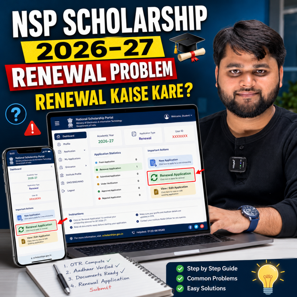NSP Scholarship 2026–27 Renewal Problem guide showing a student with the National Scholarship Portal dashboard open on a laptop and mobile, highlighting the Renewal Application option with step-by-step renewal instructions.