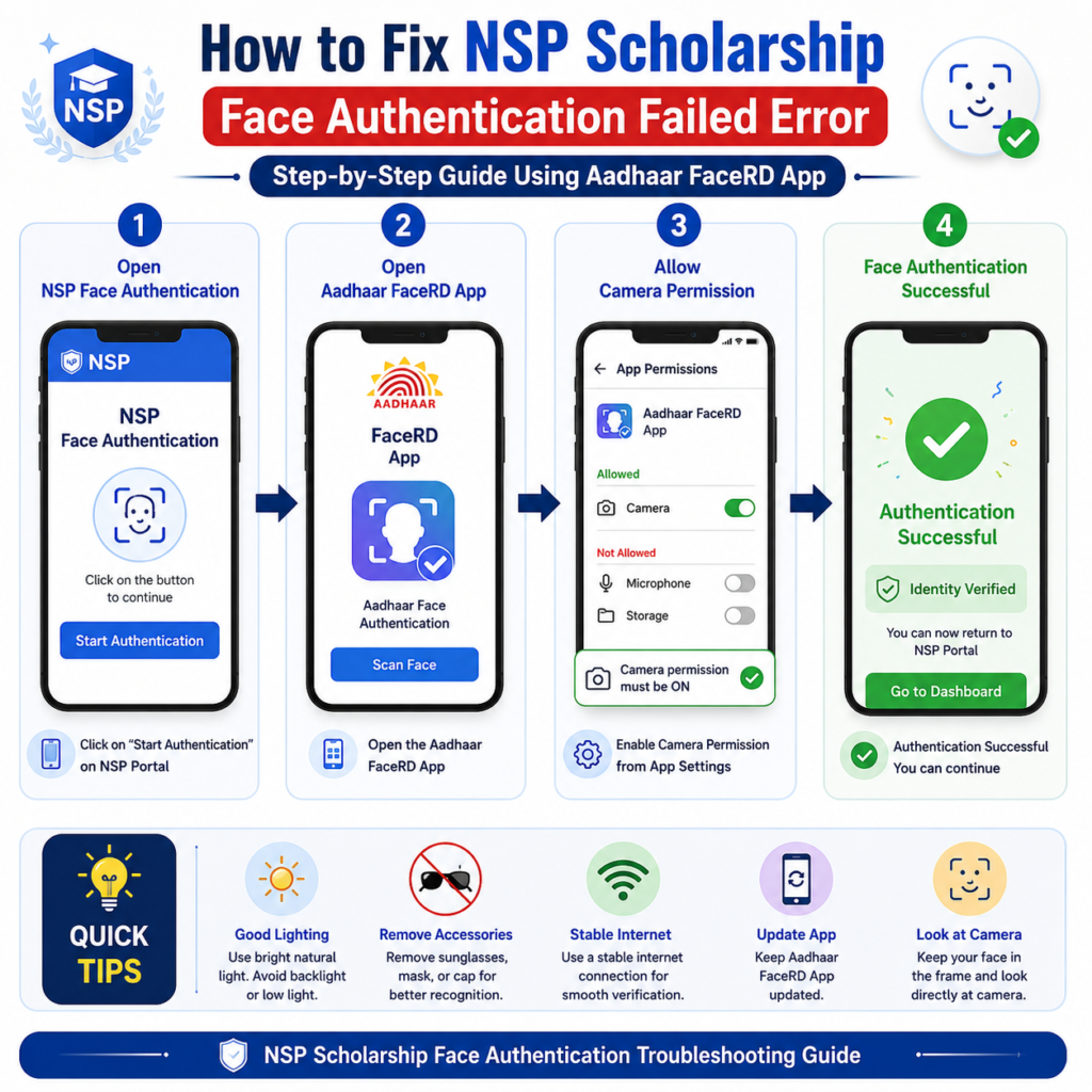 Step-by-step infographic showing how to fix the NSP Scholarship Face Authentication Failed error using the Aadhaar FaceRD app, including NSP authentication page, Aadhaar FaceRD app, camera permission settings, successful verification screen, and troubleshooting tips.