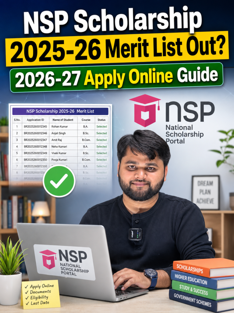 NSP Scholarship 2025-26 Merit List Out and 2026-27 Apply Online Guide thumbnail featuring a student using a laptop with NSP logo, merit list preview, scholarship books, and application checklist.