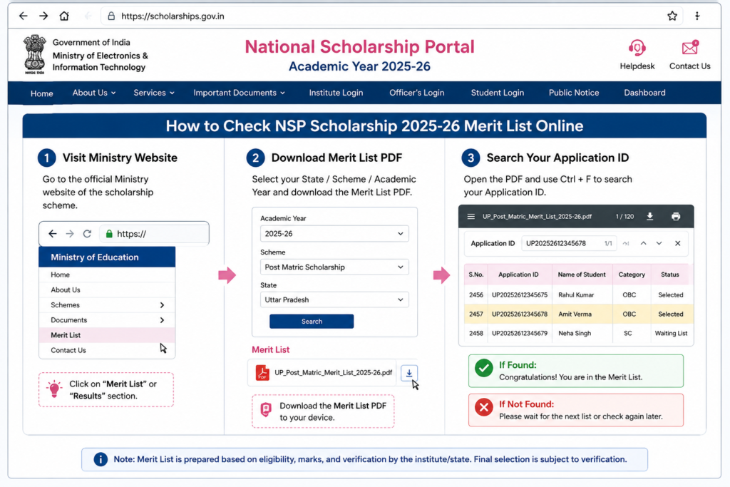 How to check the NSP Scholarship 2025–26 Merit List online by visiting the ministry website, downloading the merit list PDF, and searching the application ID in a screenshot-style infographic.